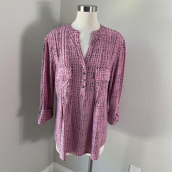 Cocomo Woman Plus 2X Pink Polka Dot Tunic Blouse Roll Tab Sleeve Stretch Shirt - Picture 1 of 10